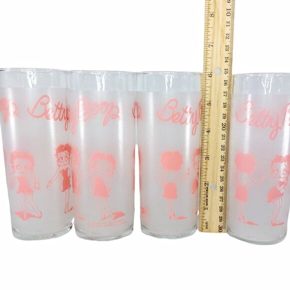 Betty Boop Pink Drinking Frosted Glasses Set Of 4 10 Oz Slim 1988 Vintage - Picture 6 of 8